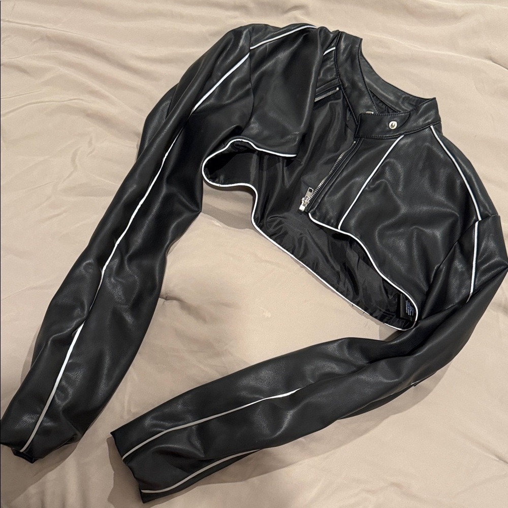 Fashion Nova Black Leather Jacket with White Accents